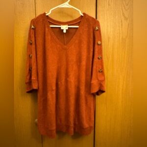 Rust Orange V-Neck Sweater with Button Detail